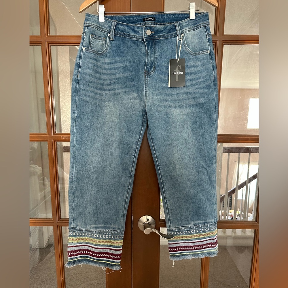 Flamenco Jeans Women's Blue Cropped Ankle Jeans with Embroidered Hem